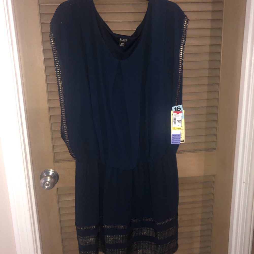 SLNY sleeveless deep blue dress